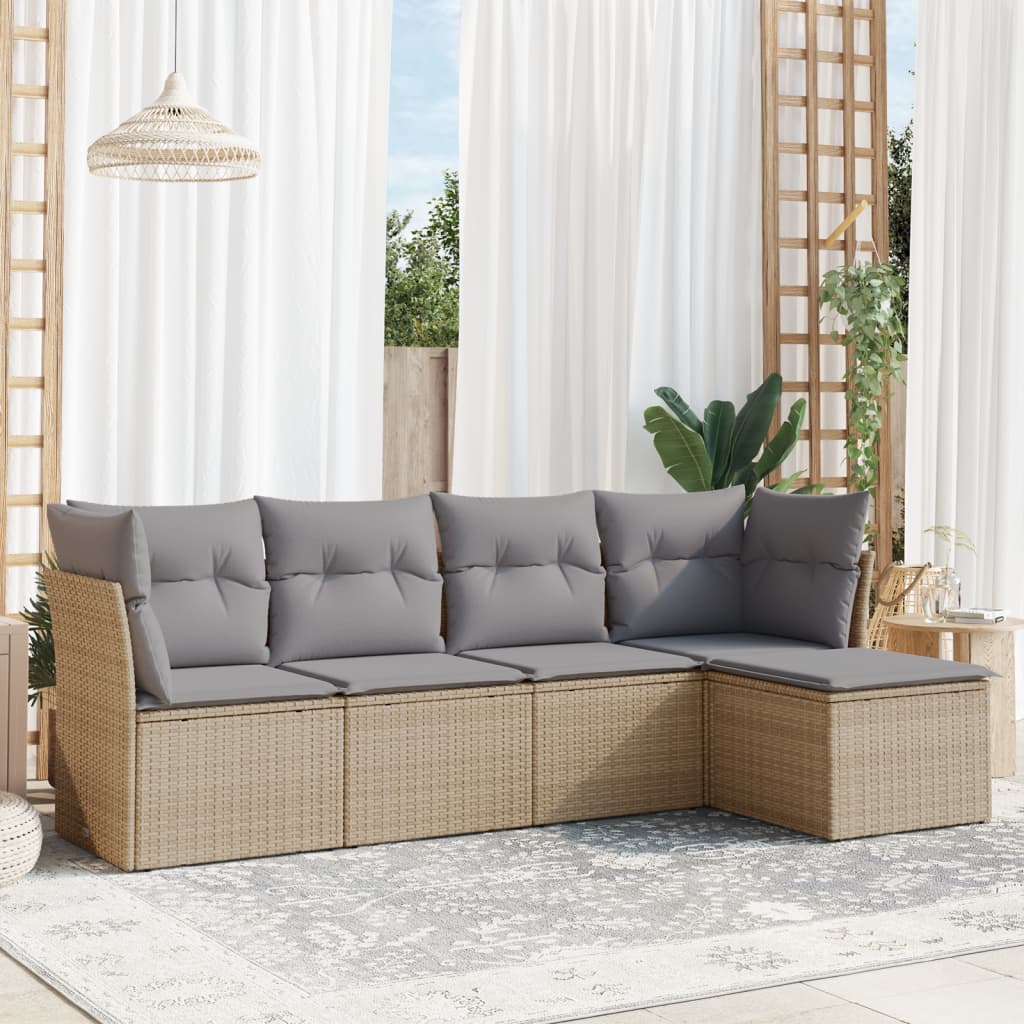 vidaXL 5-delige Loungeset met kussens poly rattan beige