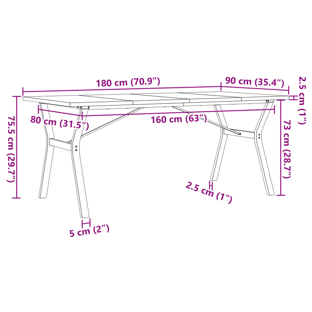 vidaXL Eettafel Y-frame 180x90x75,5 cm massief grenenhout en gietijzer