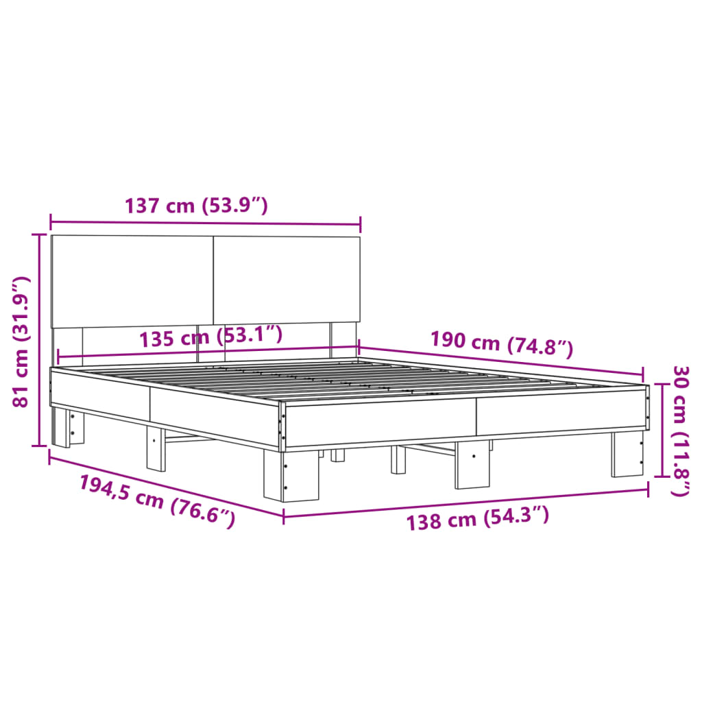 vidaXL Bedframe bewerkt hout metaal sonoma eikenkleurig 135x190 cm