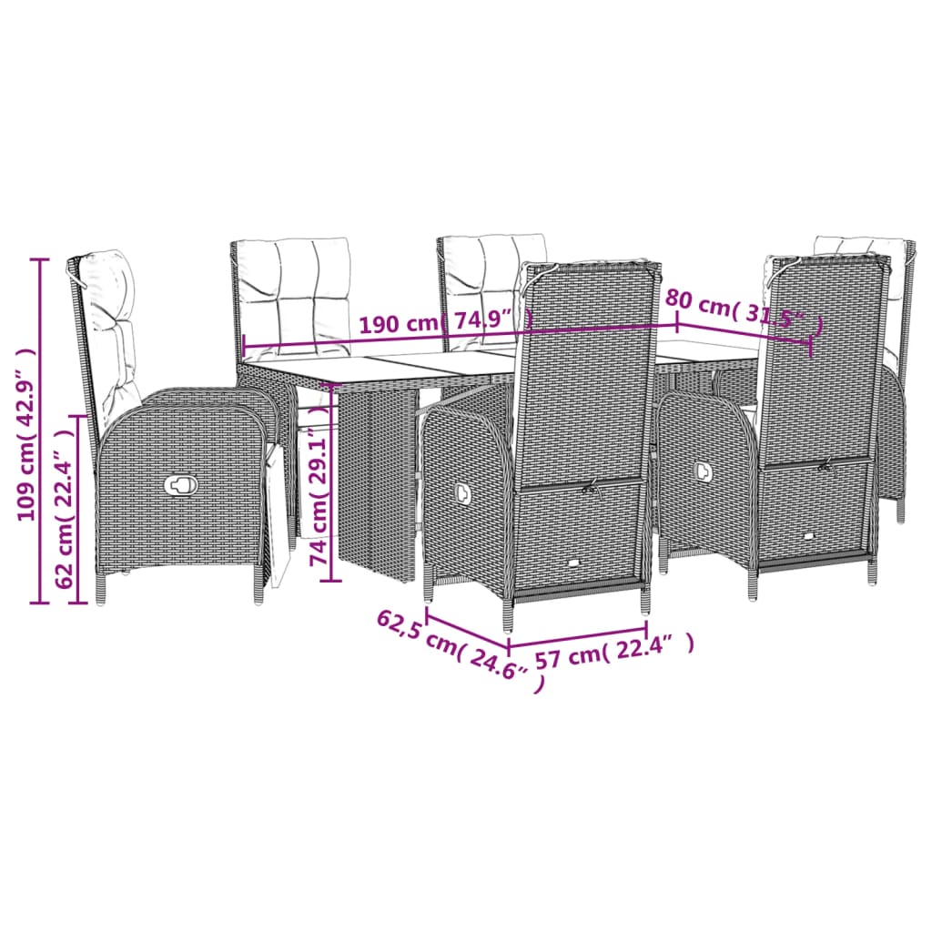 vidaXL 7-delige Tuinset met kussens poly rattan grijs