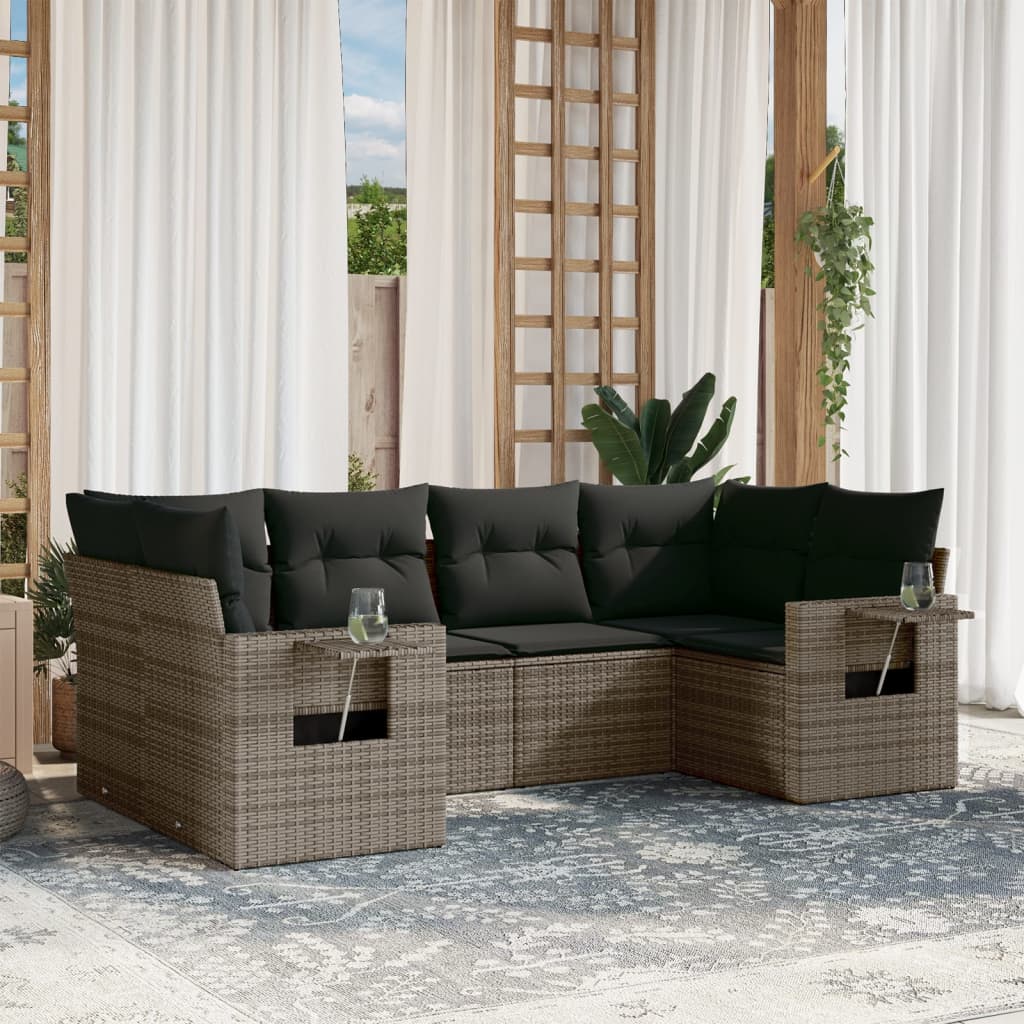 vidaXL 6-delige Loungeset met kussens poly rattan grijs