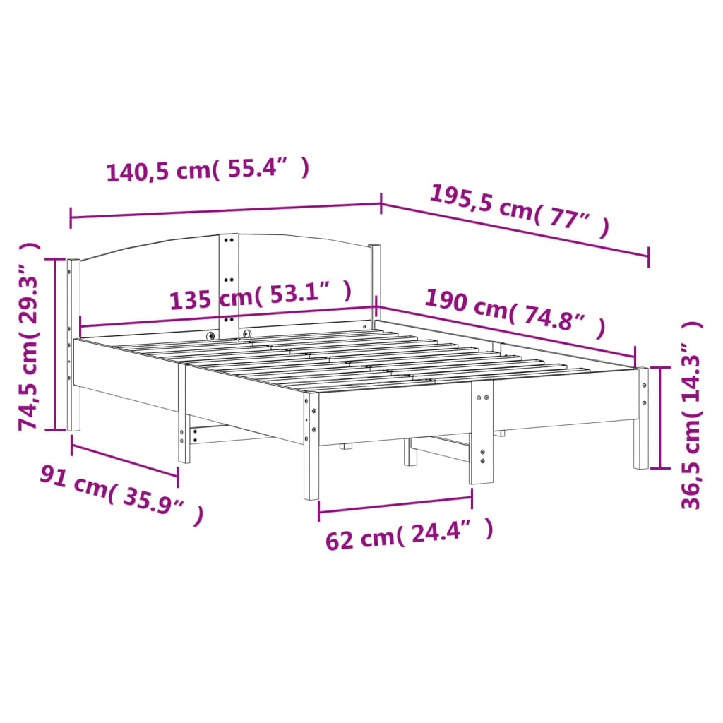 vidaXL Bedframe zonder matras massief grenenhout wit 135x190 cm