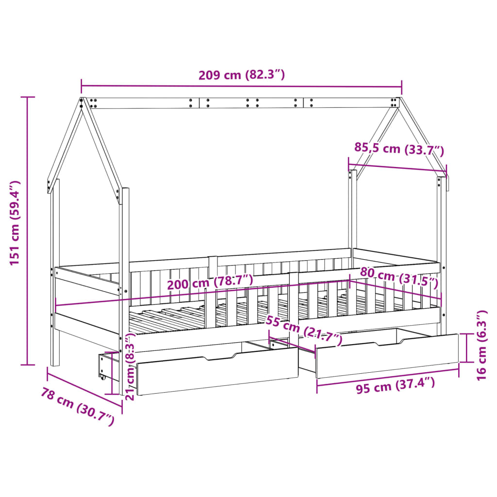 vidaXL Kinderbedframe met lades 80x200 cm massief grenenhout