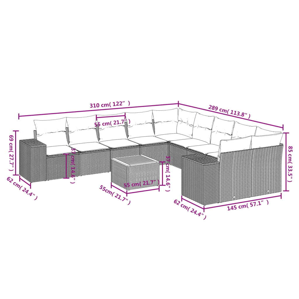 vidaXL 11-delige Tuinset met kussens poly rattan beige