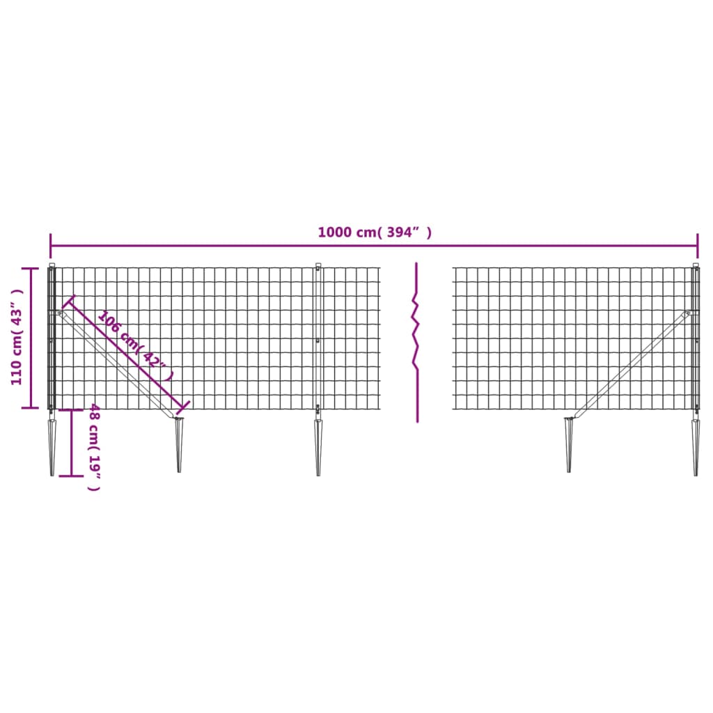 vidaXL Draadgaashek met grondankers 1,1x10 m antracietkleurig