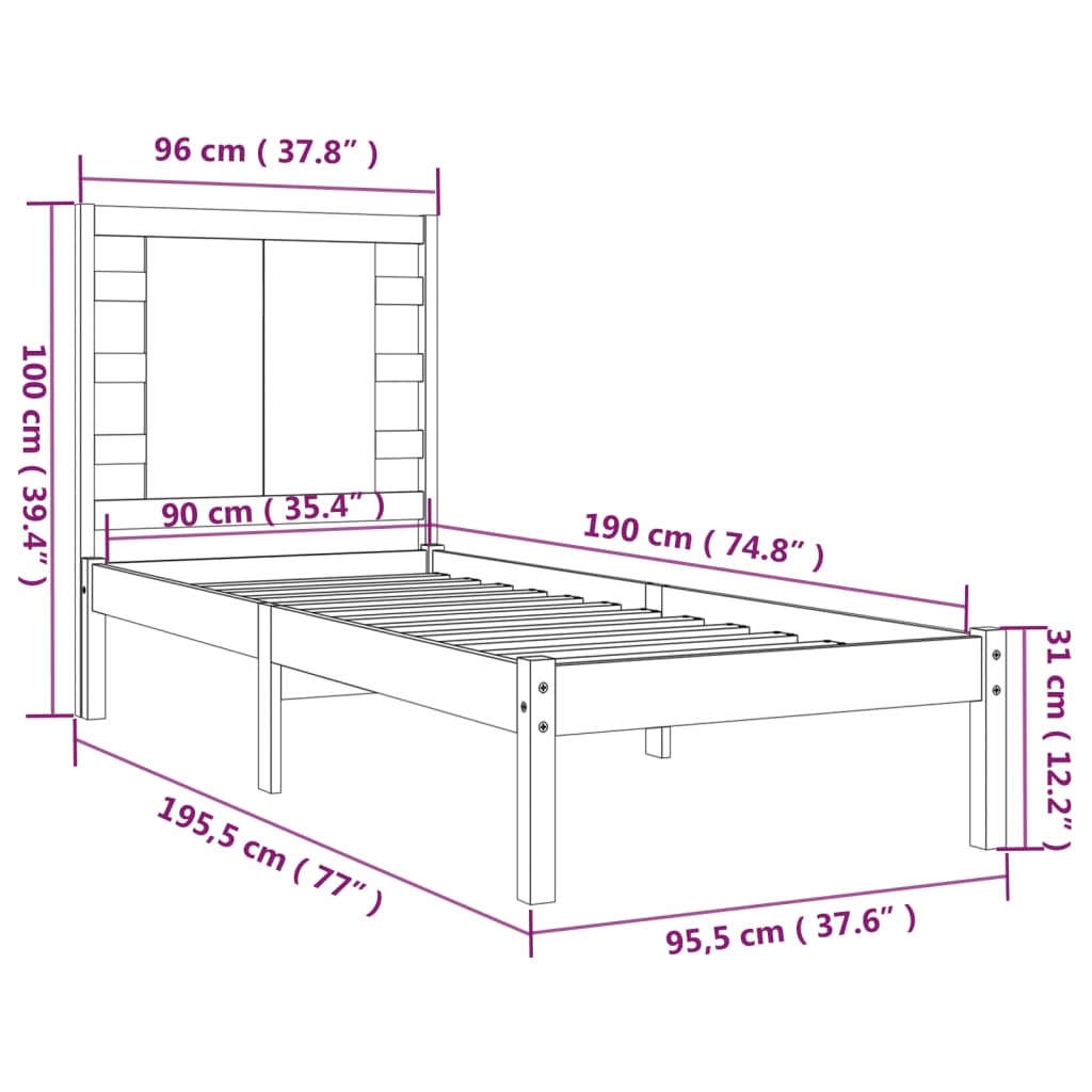 vidaXL Bedframe massief hout wit 90x190 cm