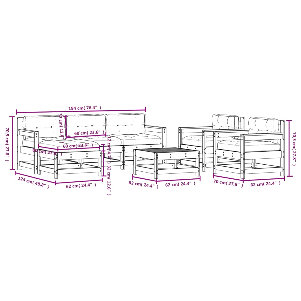 vidaXL 7-delige Loungeset met kussens massief hout zwart