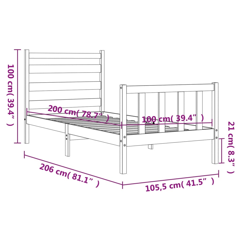 vidaXL Bedframe met hoofdbord massief hout wit 100x200 cm