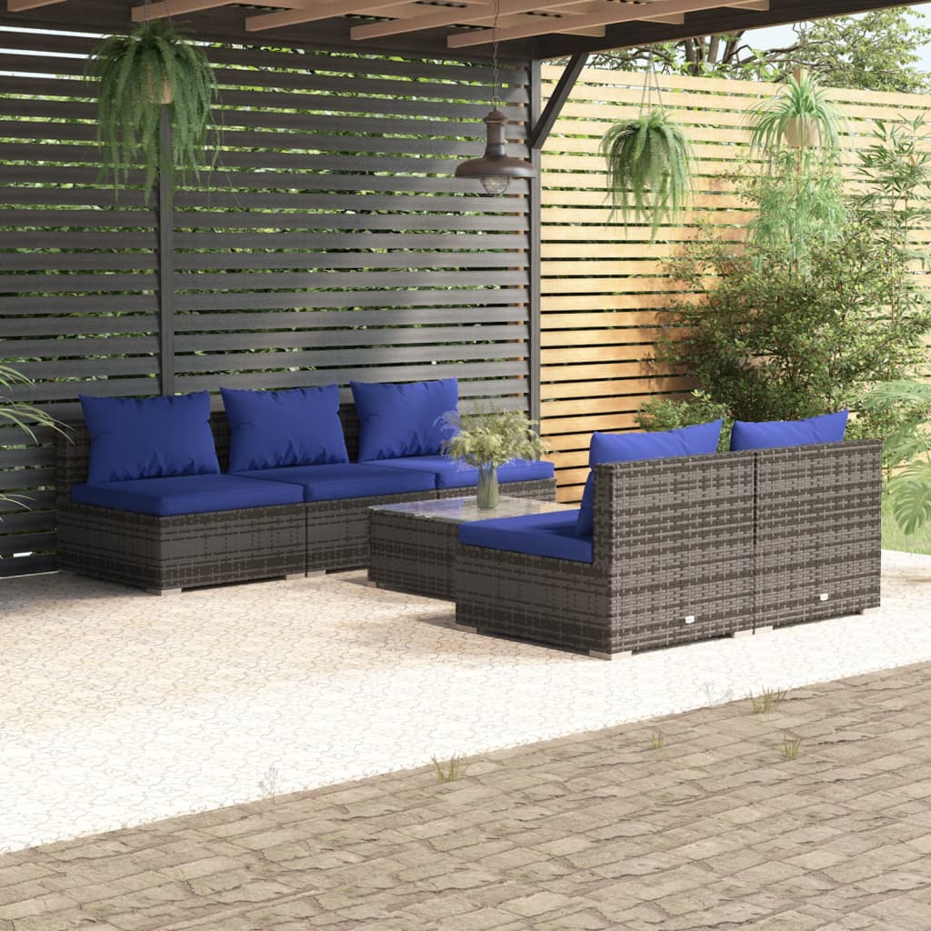 vidaXL 6-delige Loungeset met kussens poly rattan grijs