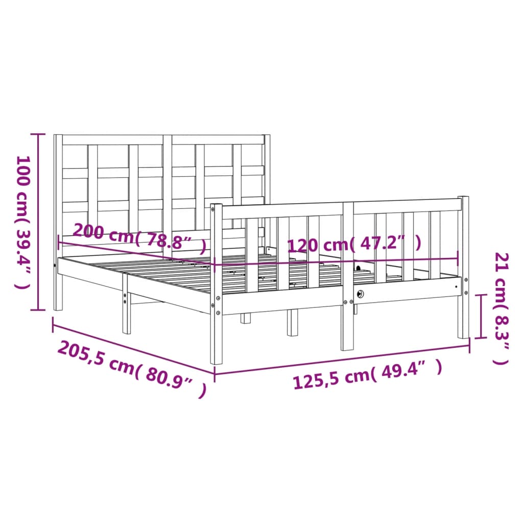 vidaXL Bedframe met hoofdbord massief hout zwart 120x200 cm