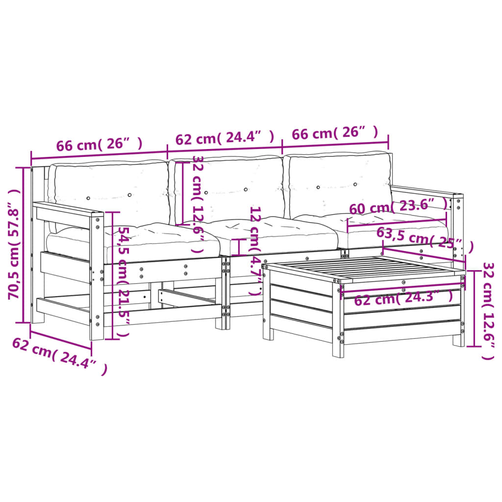 vidaXL 4-delige Loungeset met kussens massief douglashout