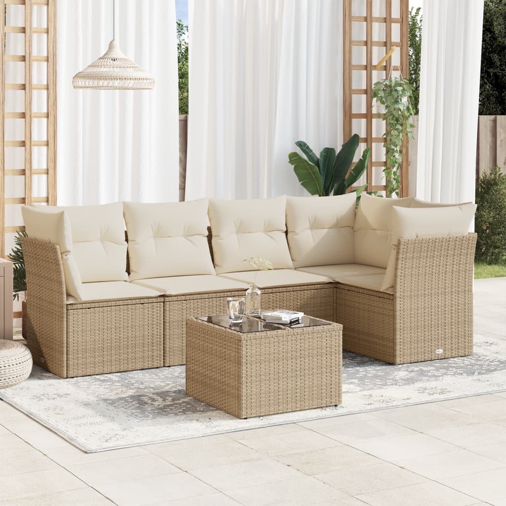 vidaXL 6-delige Loungeset met kussens poly rattan beige