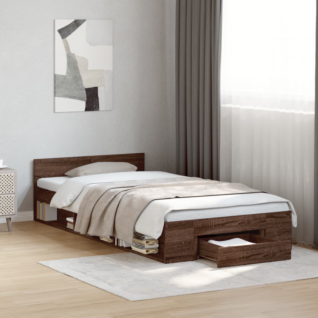 vidaXL Bedframe met lade bewerkt hout bruin eikenkleurig 75x190 cm