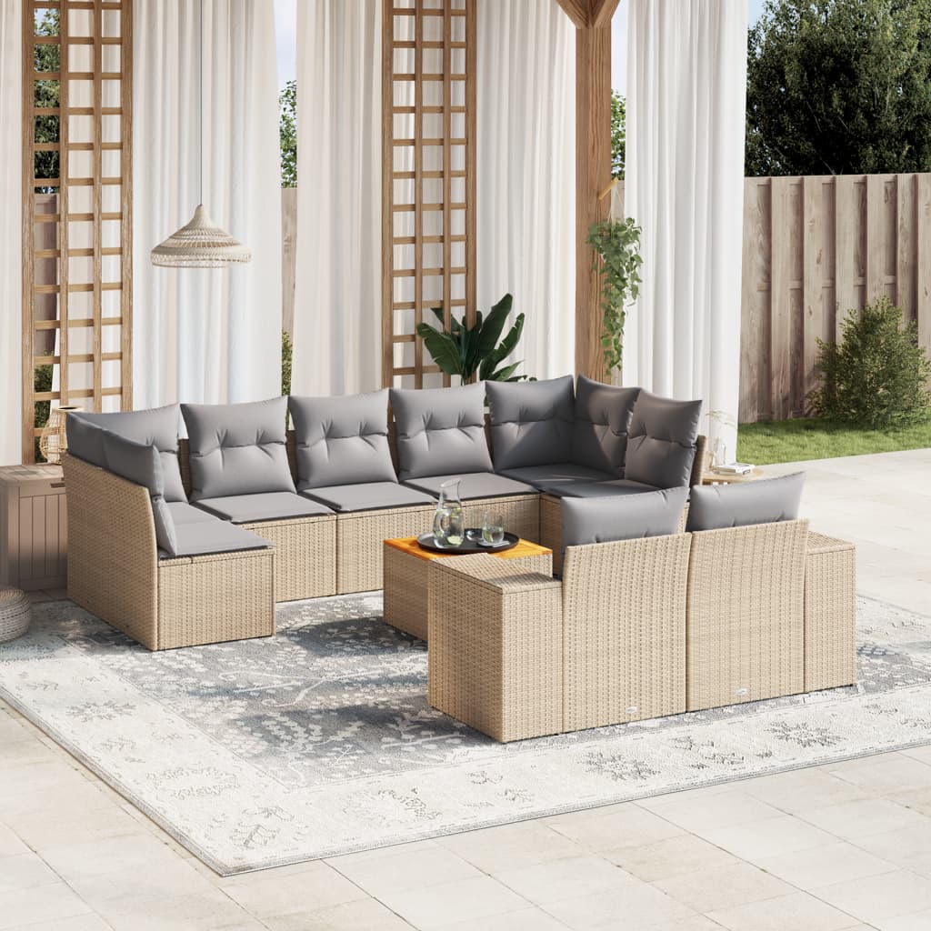 vidaXL 10-delige Loungeset met kussens poly rattan beige