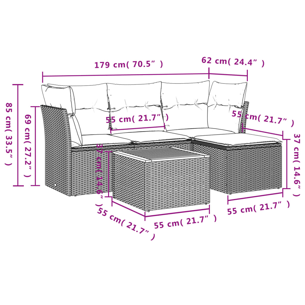 vidaXL 5-delige Loungeset met kussens poly rattan beige