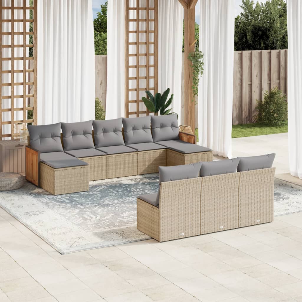 vidaXL 10-delige Loungeset met kussens poly rattan beige