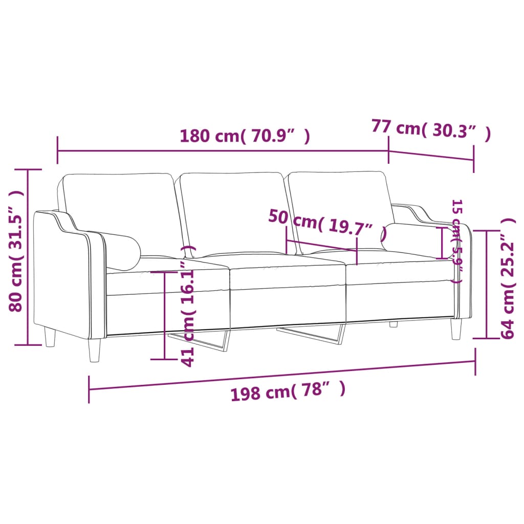 vidaXL Driezitsbank met sierkussens 180 cm stof zwart