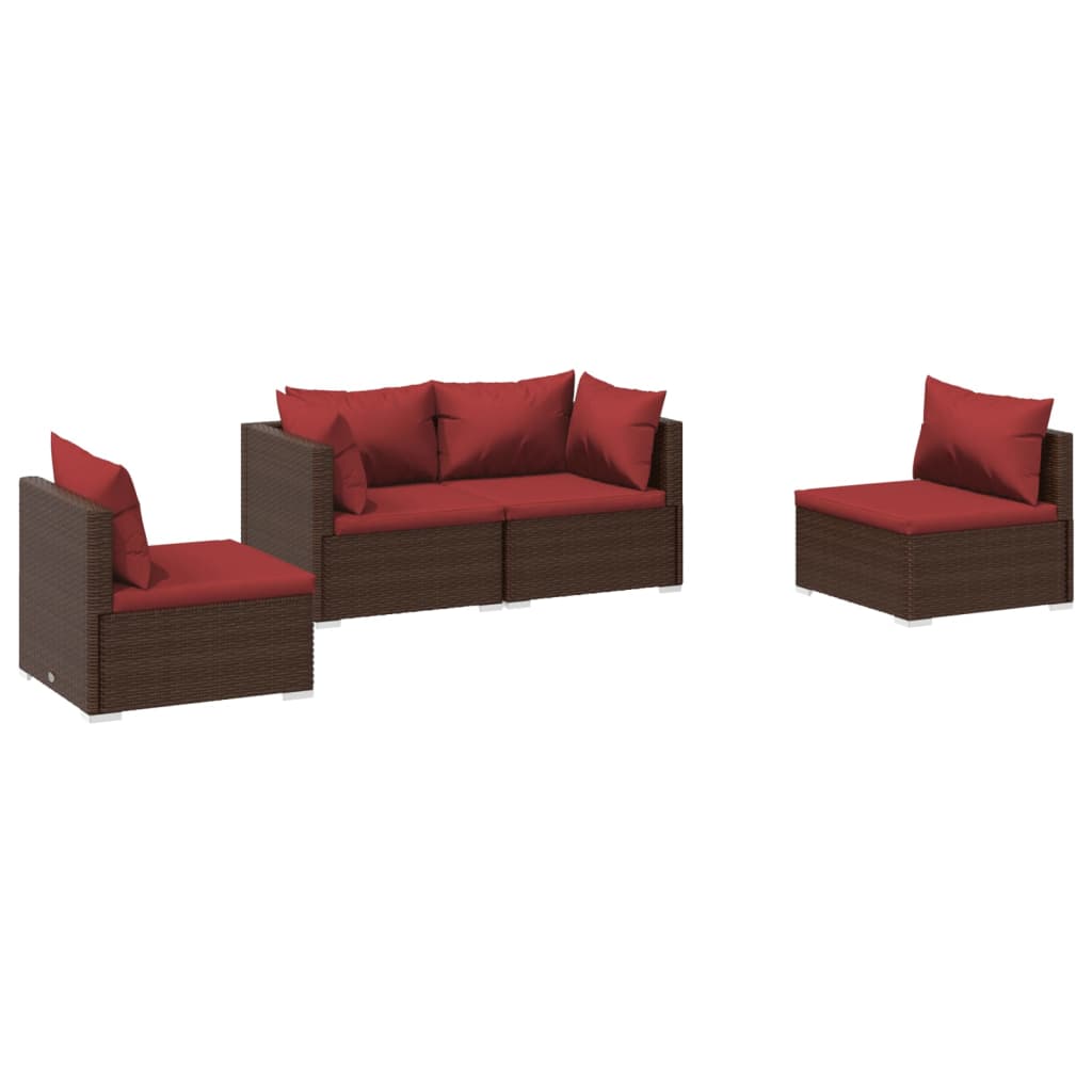 vidaXL 4-delige Loungeset met kussens poly rattan bruin