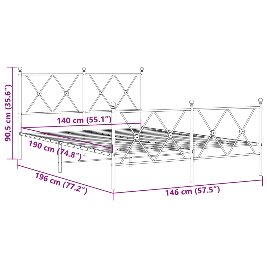 vidaXL Bedframe met hoofd- en voeteneinde metaal zwart 140x190 cm