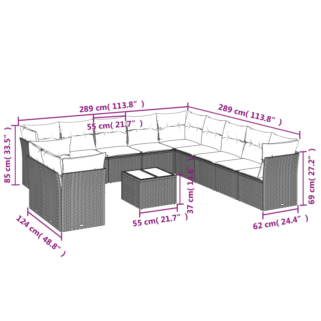 vidaXL 12-delige Loungeset met kussens poly rattan grijs