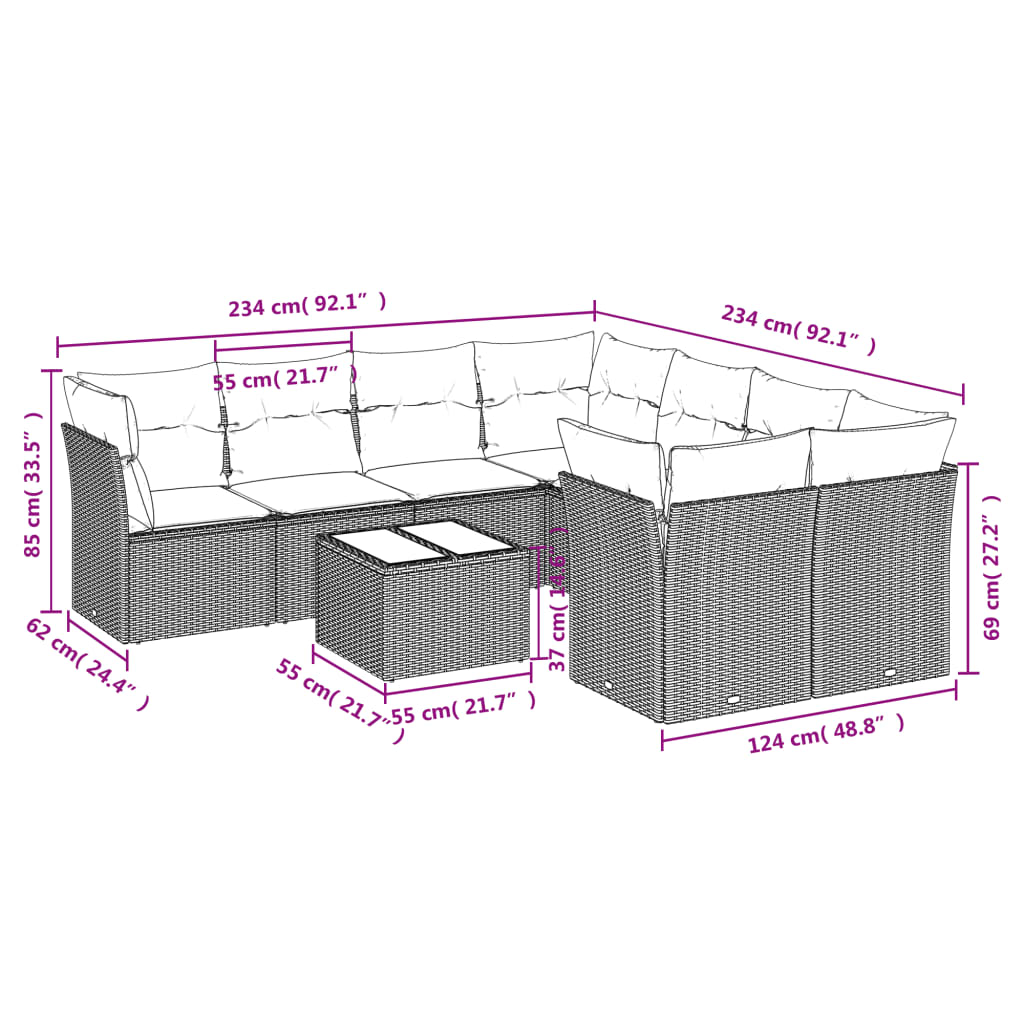 vidaXL 9-delige Loungeset met kussens poly rattan zwart