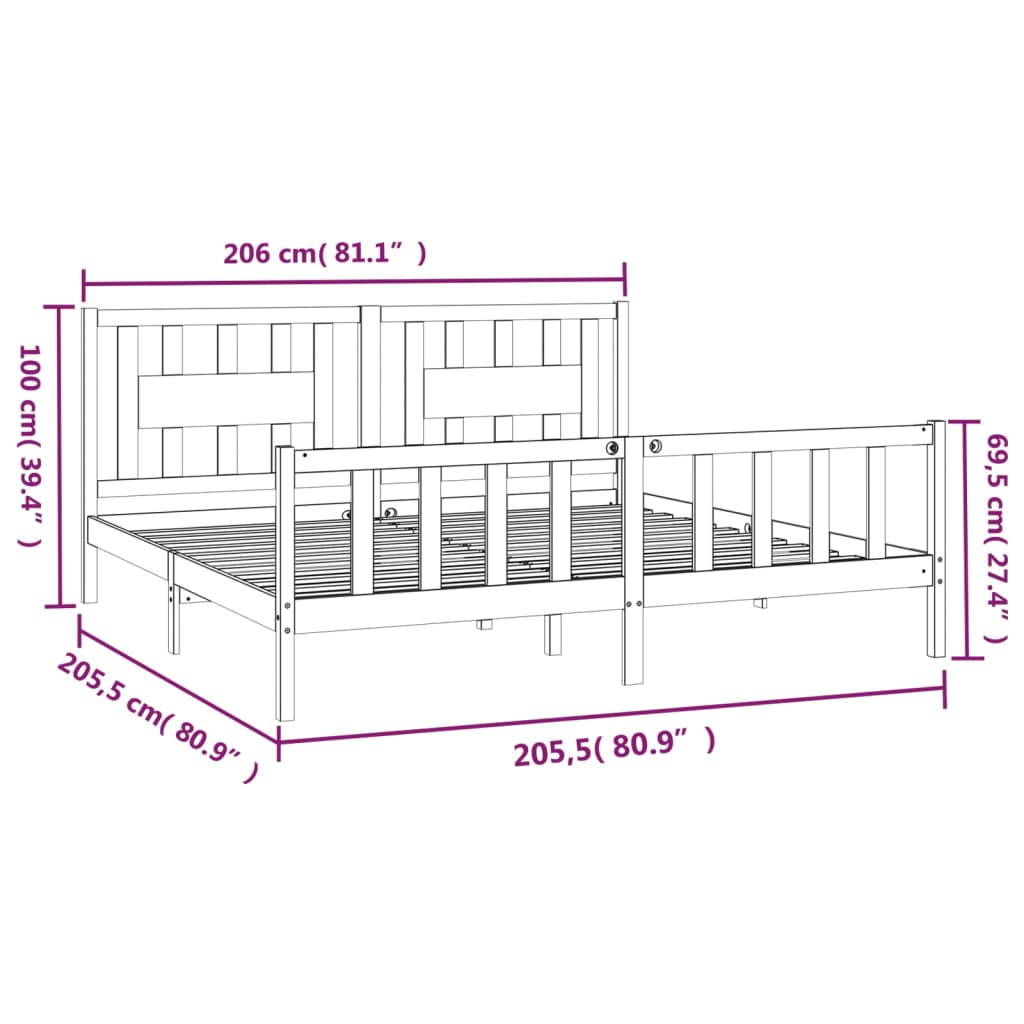 vidaXL Bedframe met hoofdbord massief grenenhout grijs 200x200 cm