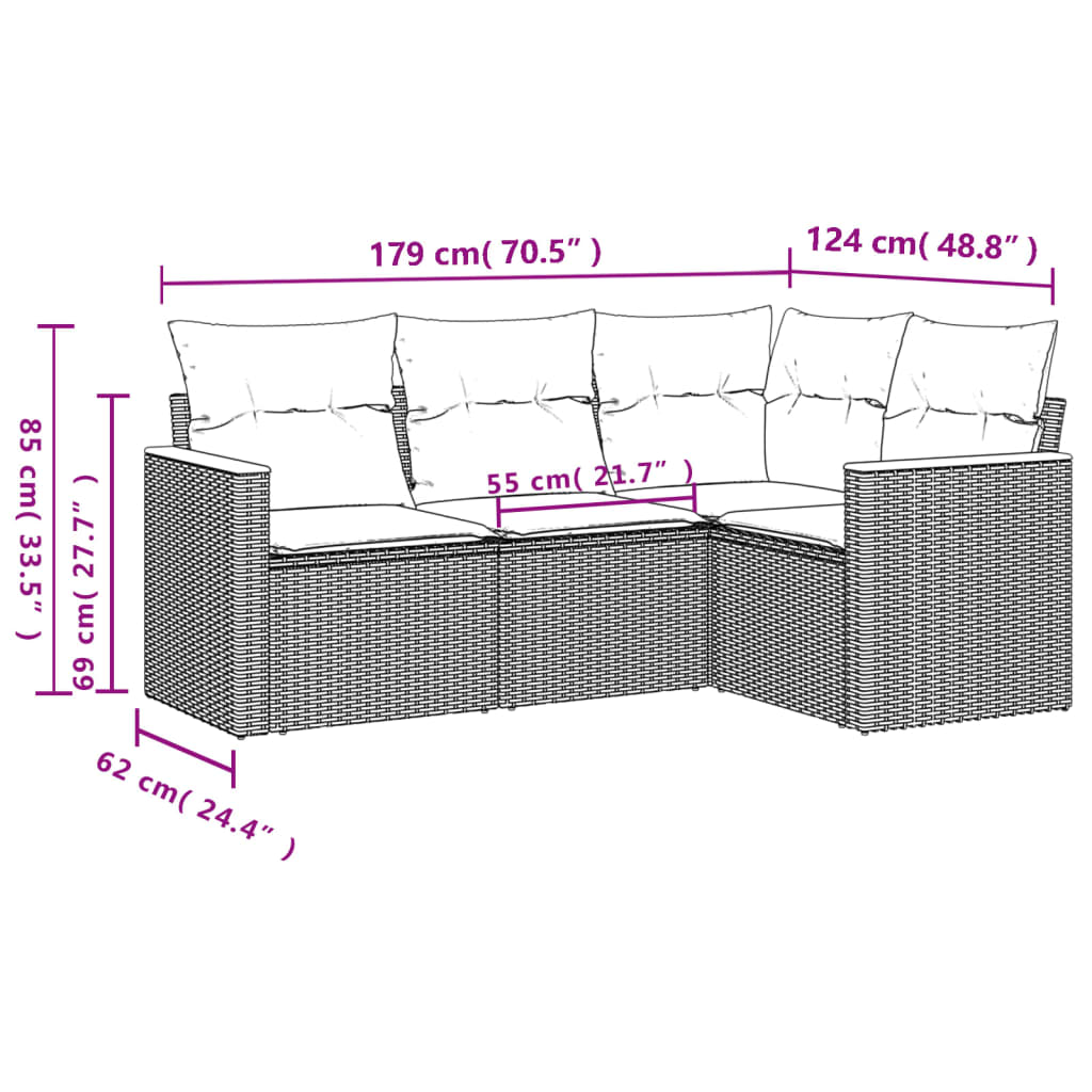 vidaXL 4-delige Loungeset met kussens poly rattan beige