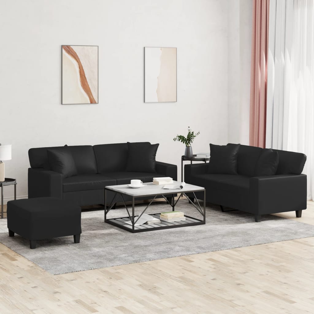 vidaXL 3-delige Loungeset met kussens kunstleer zwart