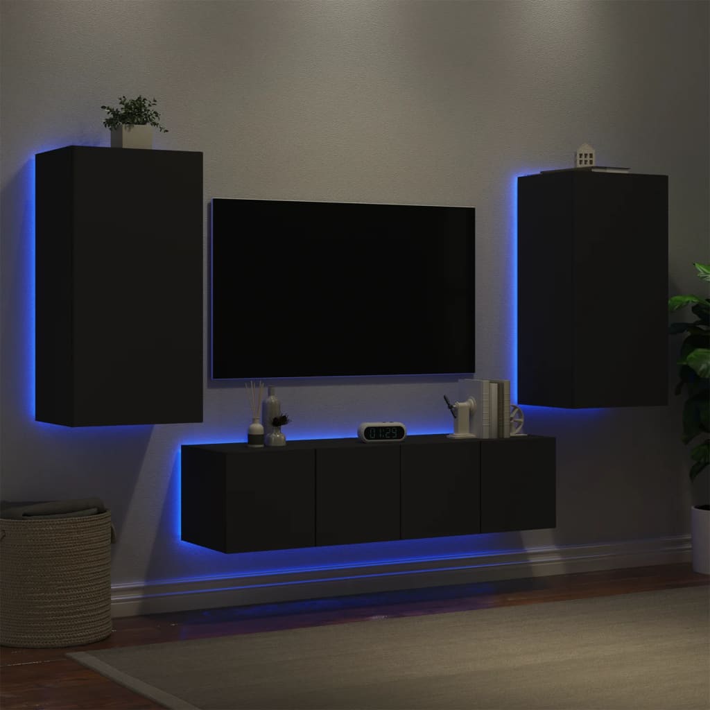 vidaXL 7-delige tv-wandmeubelset met LED bewerkt hout zwart