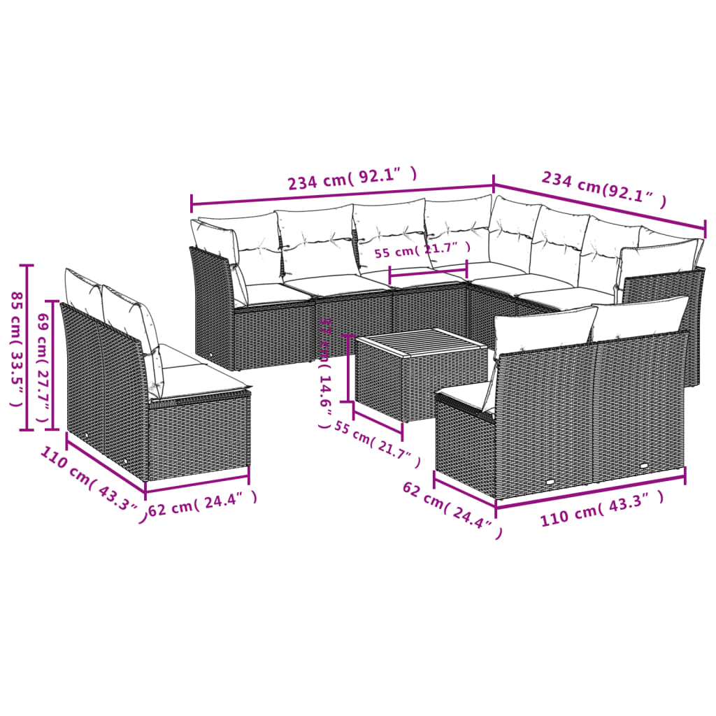 vidaXL 12-delige Loungeset met kussens poly rattan zwart