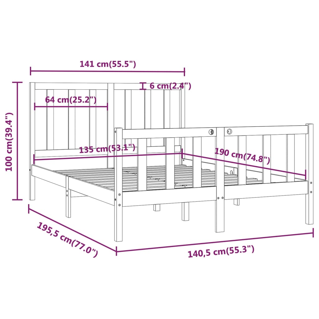 vidaXL Bedframe massief hout zwart 135x190 cm