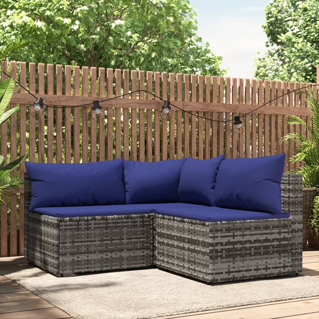 vidaXL 3-delige Loungeset met kussens poly rattan grijs