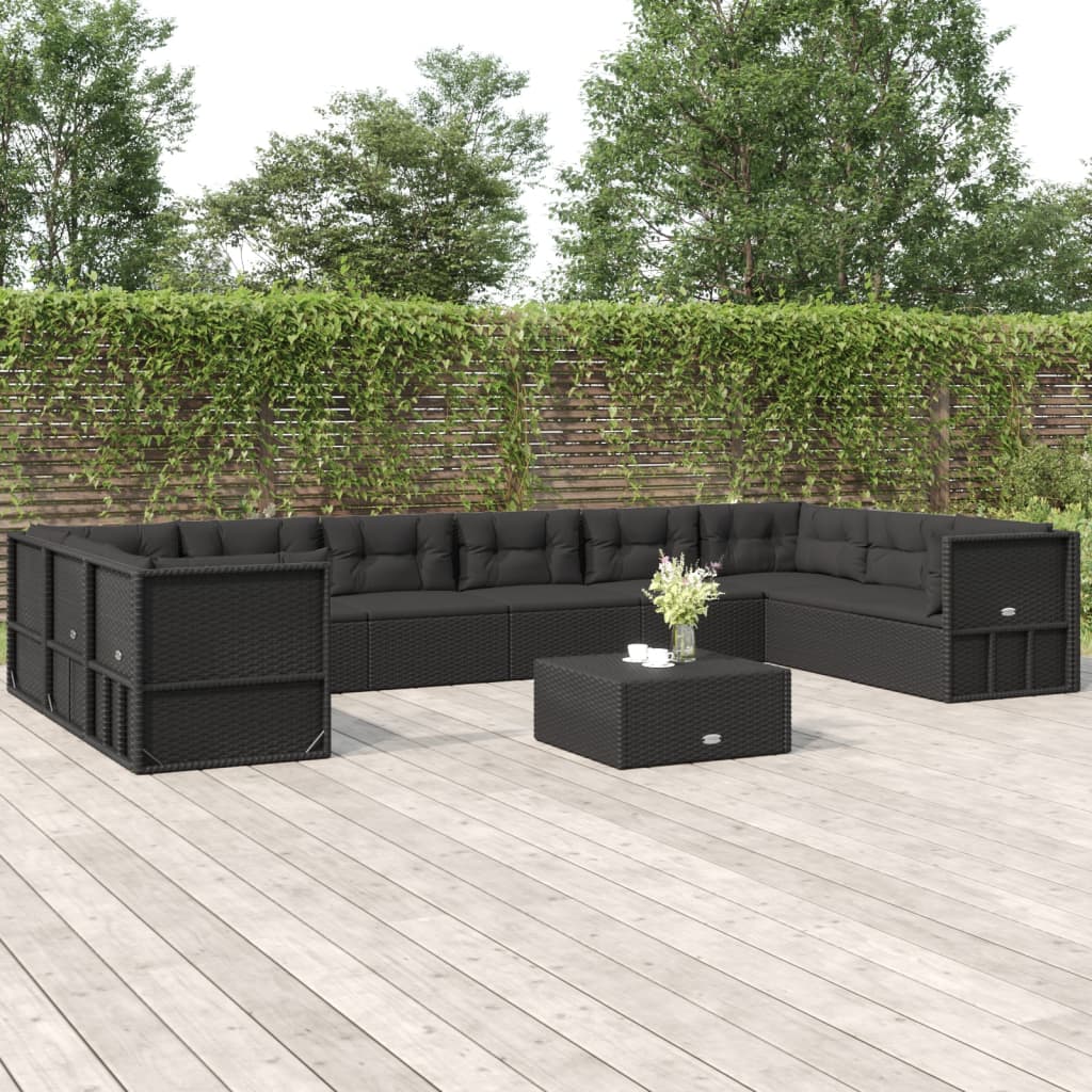 vidaXL 10-delige Loungeset met kussens poly rattan zwart