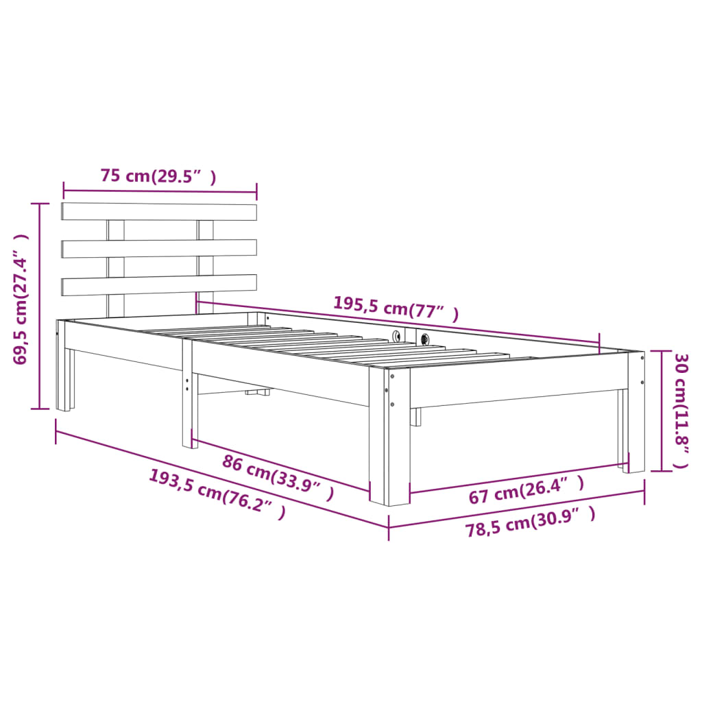 vidaXL Bedframe massief hout 75x190 cm