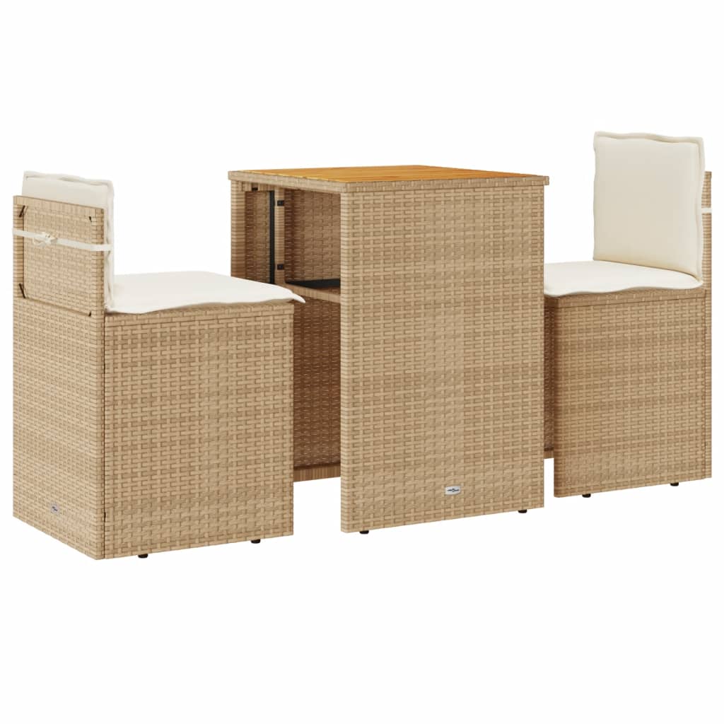 vidaXL 3-delige Bistroset met kussens poly rattan beige