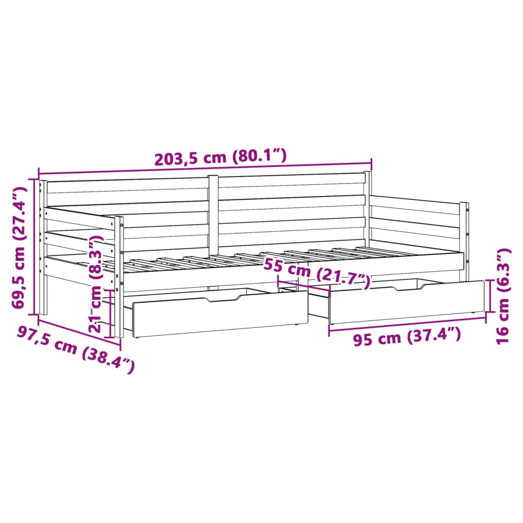 vidaXL Slaapbank met lades 90x200 cm massief grenenhout