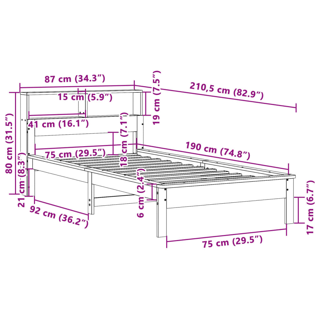 vidaXL Bed met boekenkast zonder matras grenenhout wit 75x190 cm