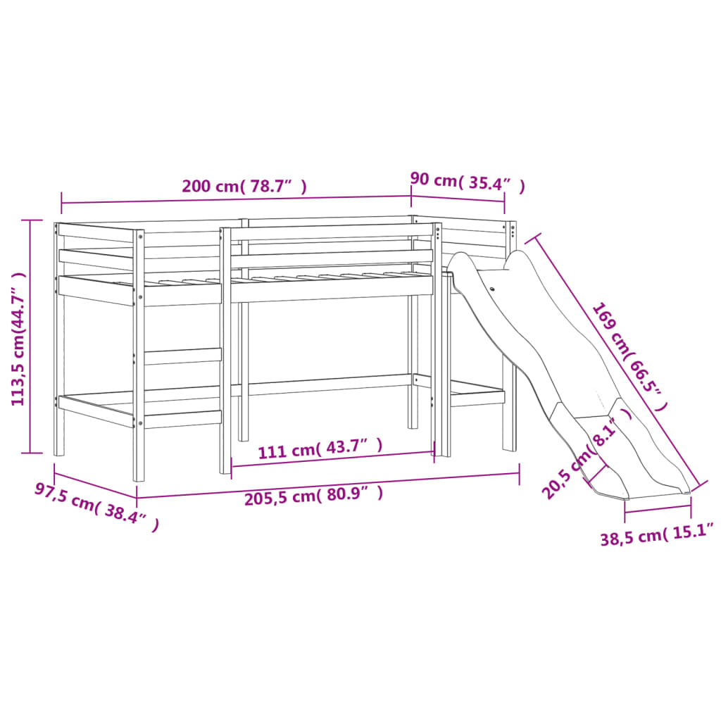 vidaXL Kinderhoogslaper met toren 90x200 cm massief grenenhout blauw