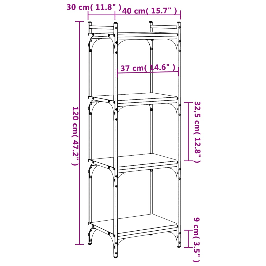 vidaXL Boekenkast 4-laags 40x30x120 cm bewerkt hout grijs sonoma