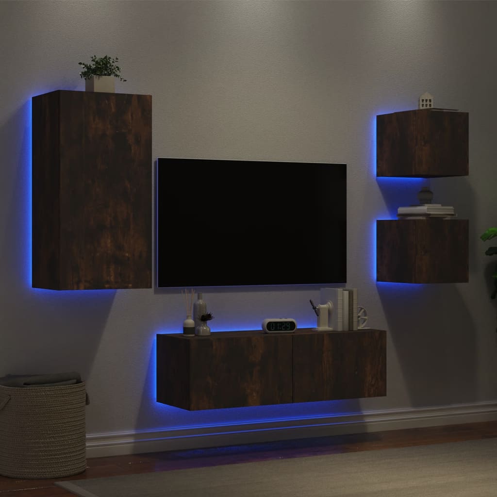 vidaXL 4-delige tv-wandmeubelset met LED-verlichting gerookt eiken