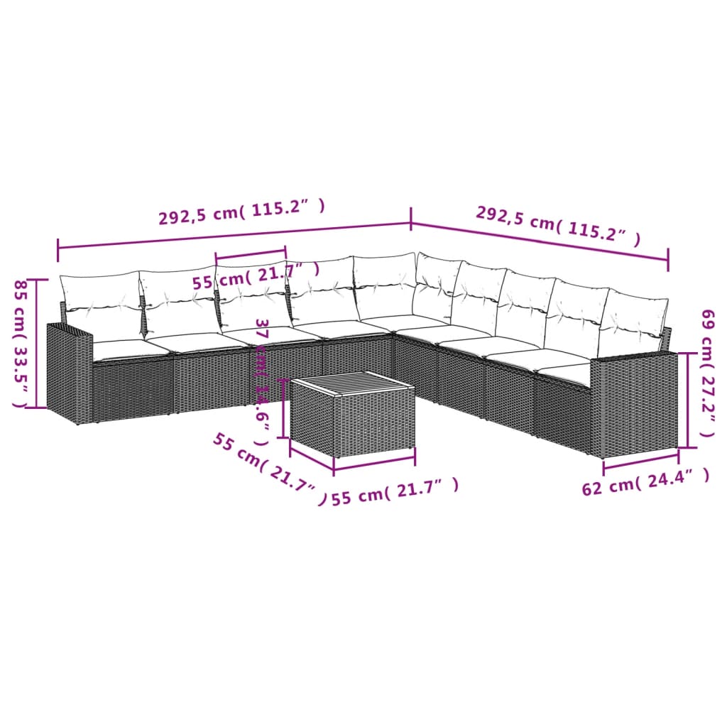 vidaXL 10-delige Loungeset met kussens poly rattan beige