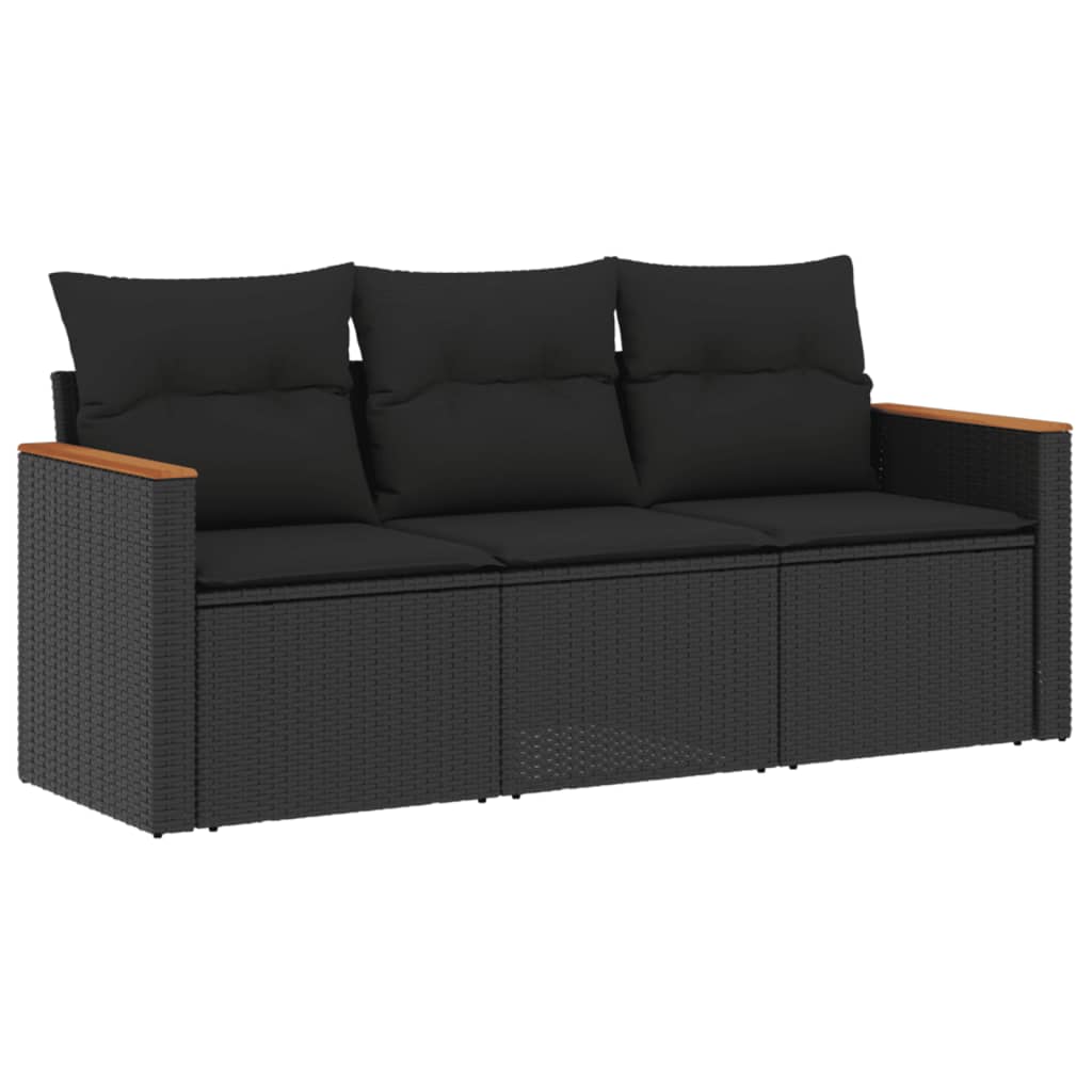 vidaXL 3-delige Loungeset met kussens poly rattan zwart