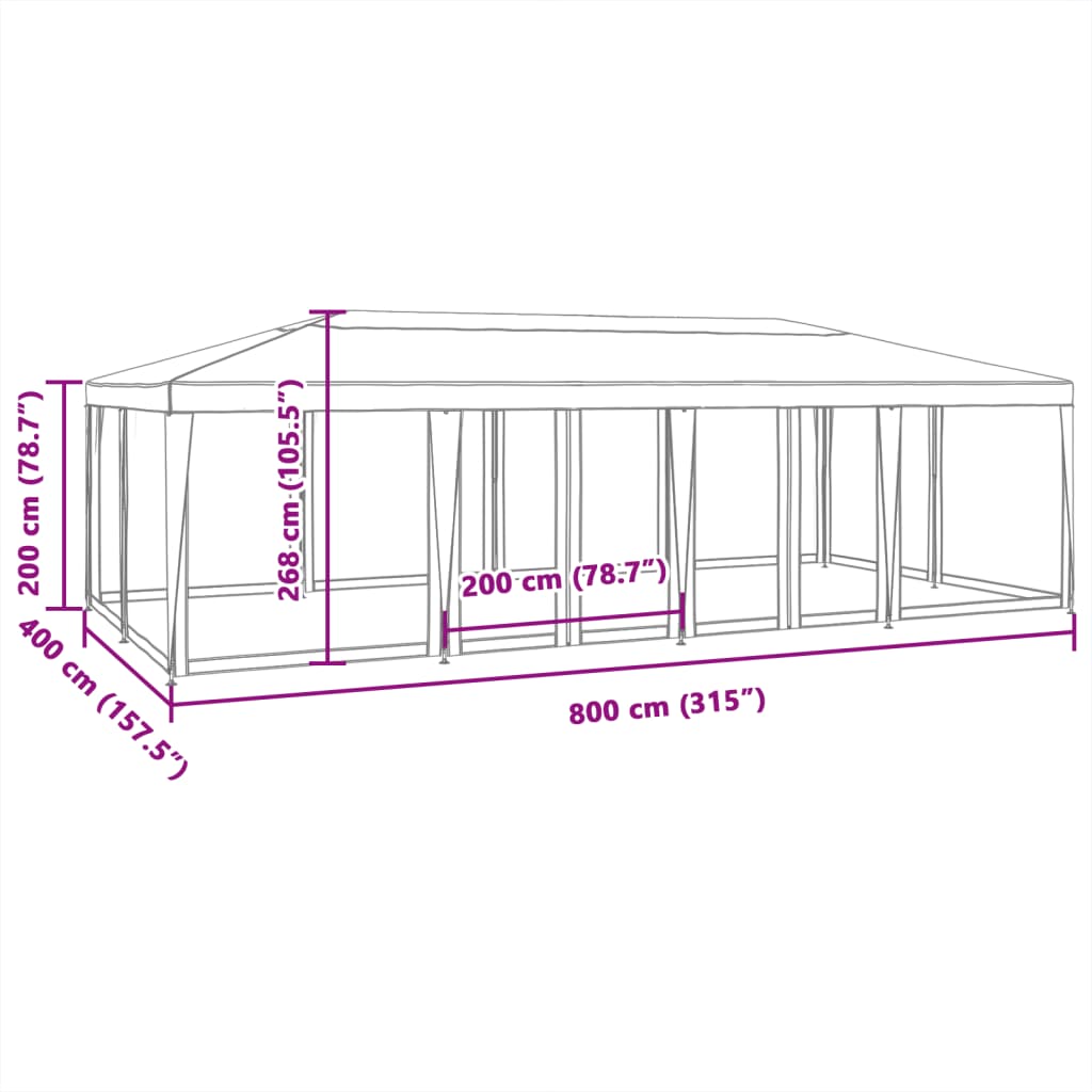 vidaXL Partytent met 12 mesh zijwanden 8x4 m HDPE wit