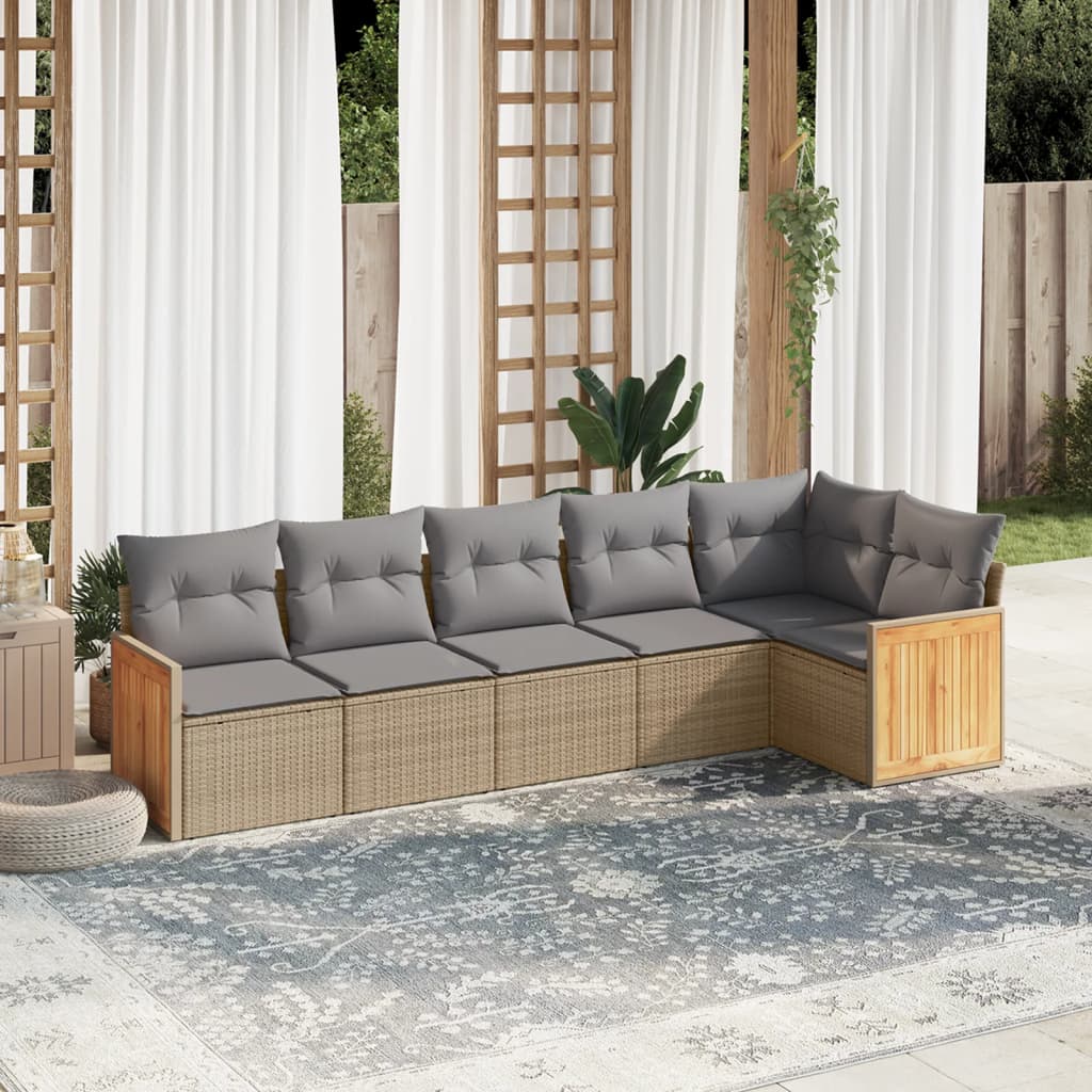 vidaXL 6-delige Loungeset met kussens poly rattan beige