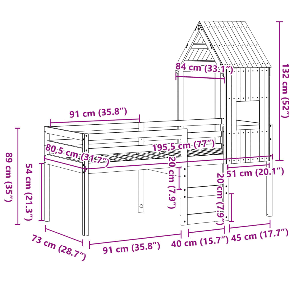 vidaXL Hoogslaper met huisje 75x190 cm massief grenenhout wit