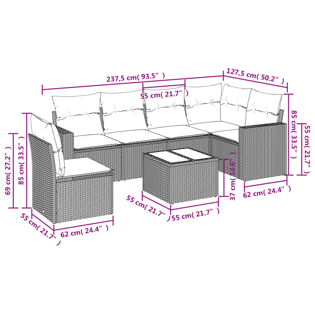 vidaXL 7-delige Loungeset met kussens poly rattan lichtgrijs