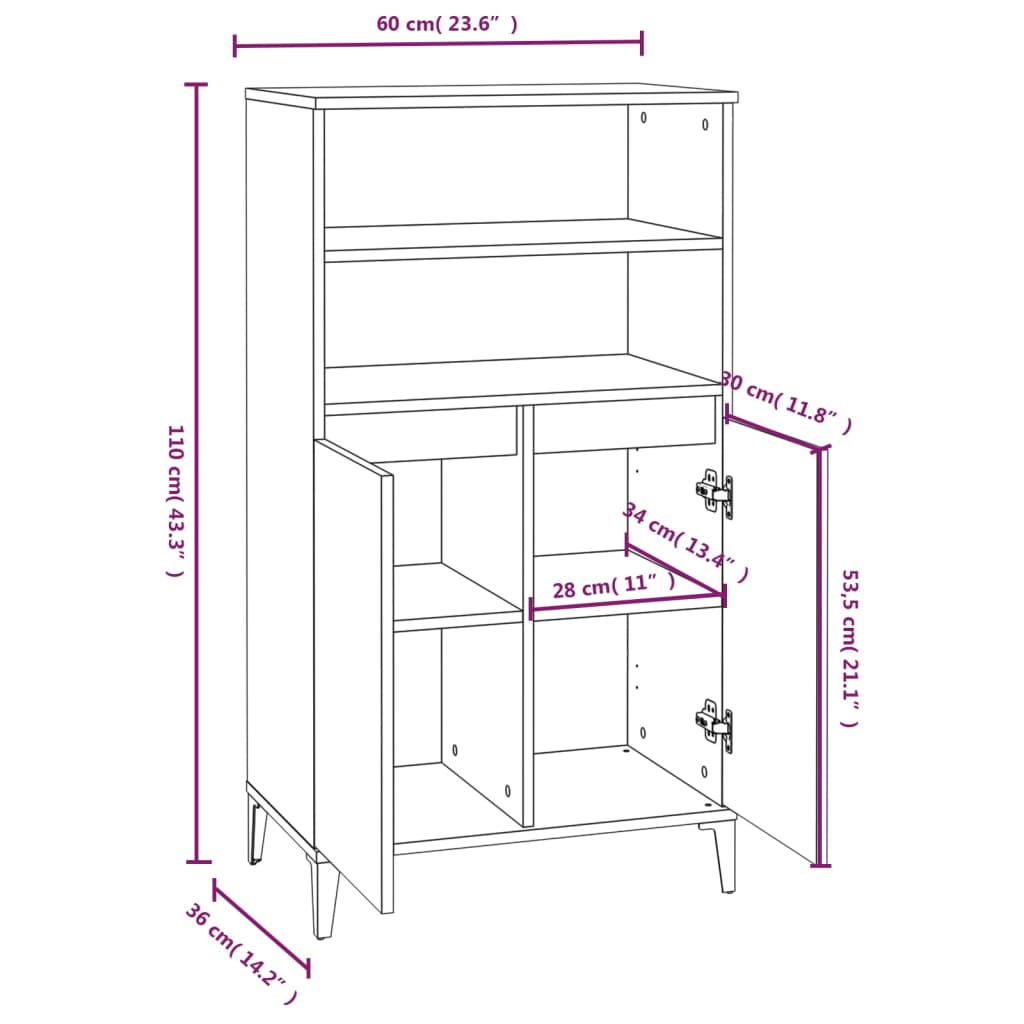 vidaXL Hoge kast 60x36x110 cm bewerkt hout gerookt eikenkleurig