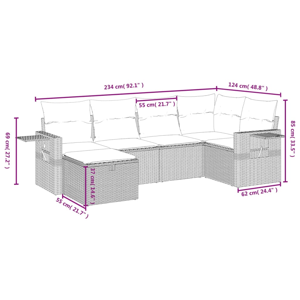 vidaXL 6-delige Loungeset met kussens poly rattan beige