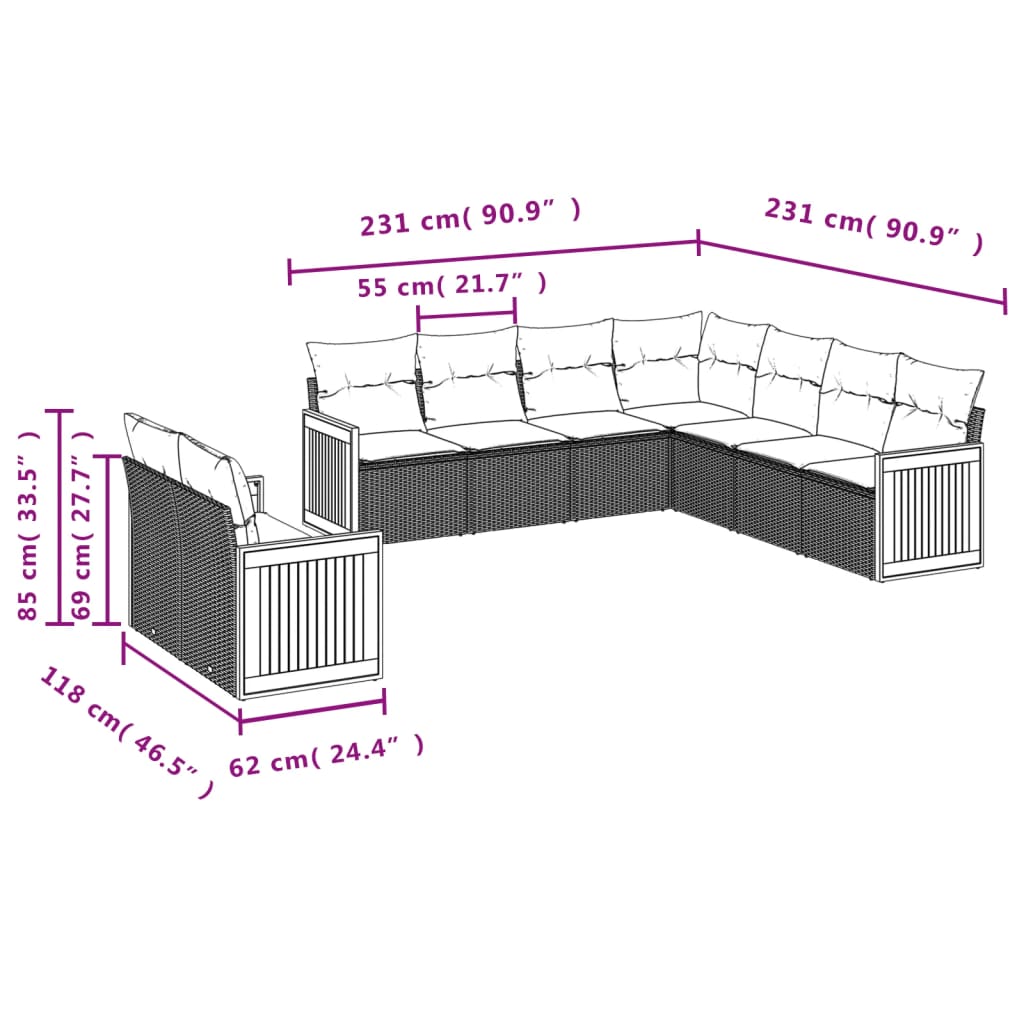 vidaXL 9-delige Loungeset met kussens poly rattan grijs