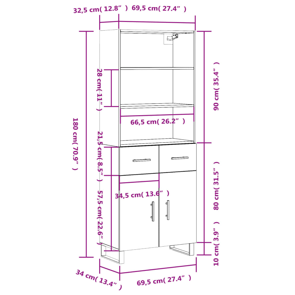 vidaXL Hoge kast 69,5x34x180 cm bewerkt hout grijs sonoma eikenkleurig